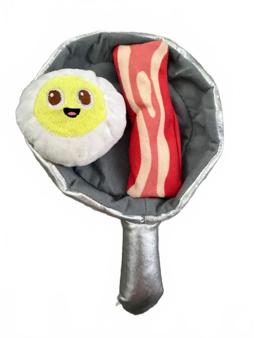 BARK Plush Dog Toy Set - Silver Frying Pan with Bacon and Sunny Side Up Egg S/M